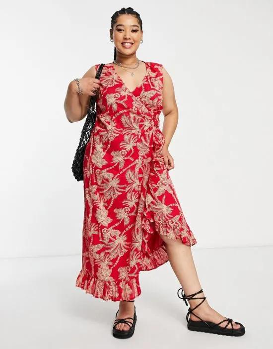 ASOS DESIGN Curve crinkle wrap midi sundress with buckle in red palm