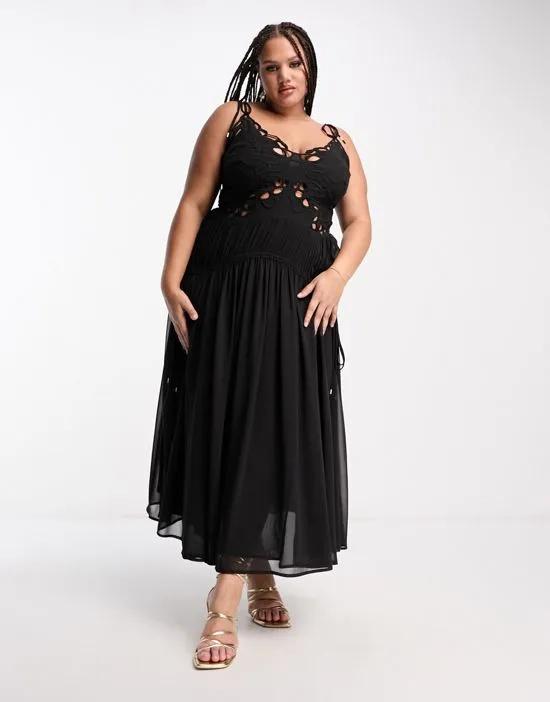 ASOS DESIGN Curve cutwork maxi slip dress with drawstring waist in black