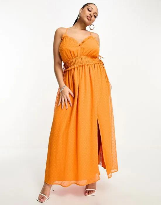 ASOS DESIGN Curve elastic frill waist midi slip dress in orange texture