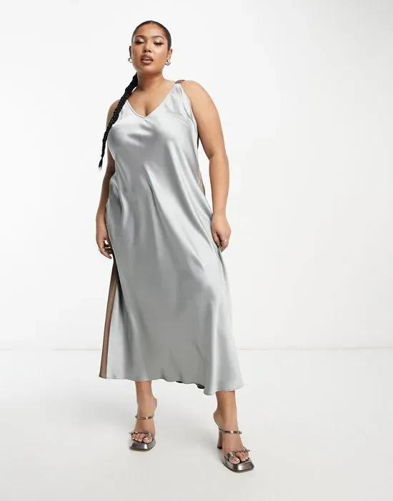 ASOS DESIGN Curve elasticized back satin slip midi dress in gray and mocha color block