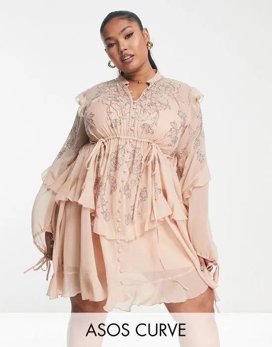 ASOS DESIGN Curve floral embellished ruffle detail mini dress with button front in blush