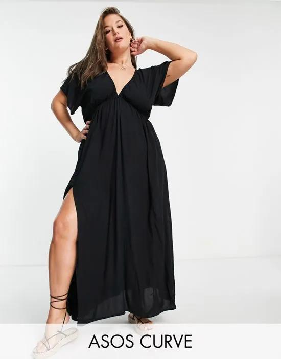 ASOS DESIGN Curve flutter sleeve maxi beach dress in black