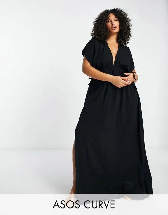 ASOS DESIGN Curve flutter sleeve maxi beach dress with channeled tie waist in black