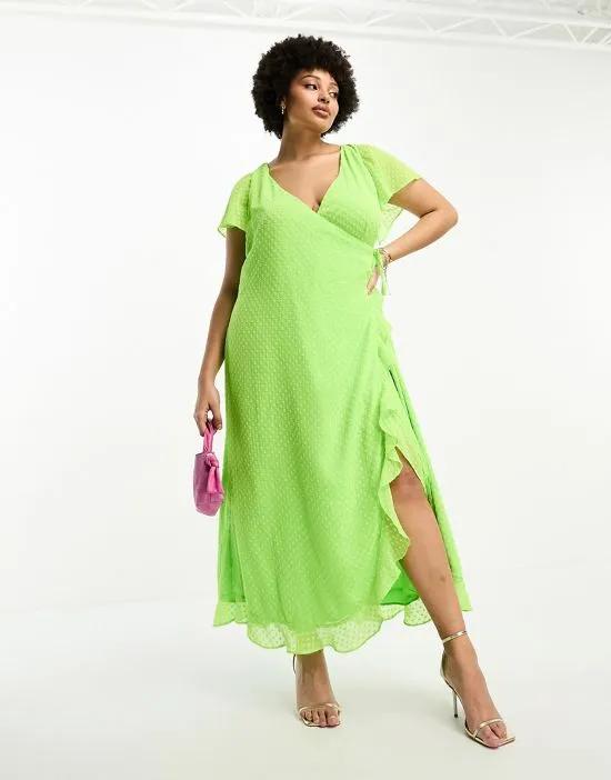 ASOS DESIGN Curve frill detail wrap maxi dress in bright lime texture
