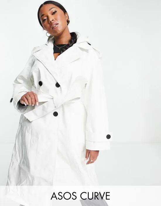 ASOS DESIGN Curve glossy patent hooded trench coat in cream