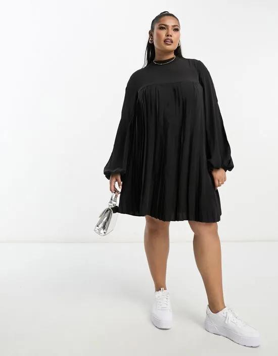 ASOS DESIGN Curve high neck pleated trapeze mini dress with split sleeves in black