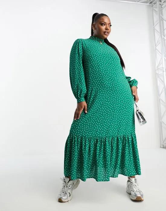 ASOS DESIGN Curve high neck smock maxi dress in green spot