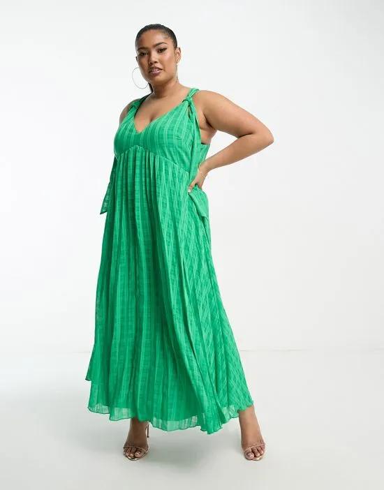 ASOS DESIGN Curve jacquard plaid plunge neck pleat midi dress with tie straps in emerald green