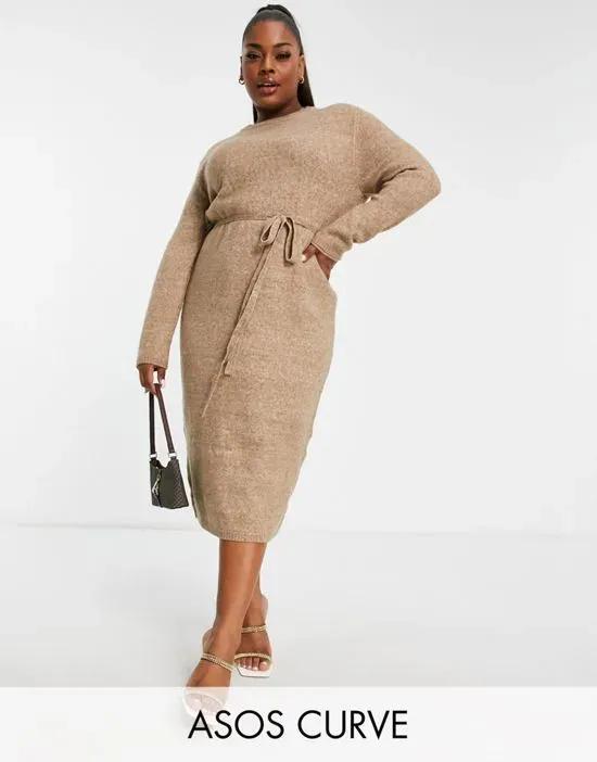 ASOS DESIGN Curve knit midi dress with tie waist in taupe