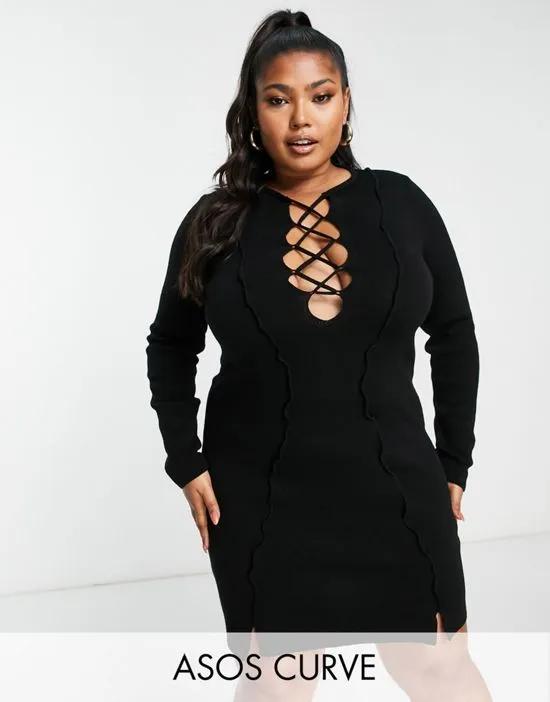 ASOS DESIGN Curve knitted midi dress with lace up and seam detail in black