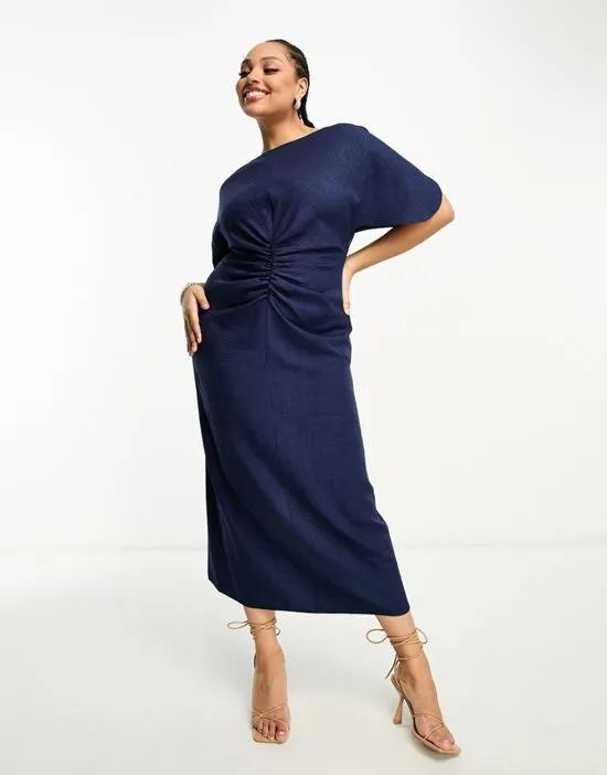 ASOS DESIGN Curve linen-look flutter sleeve midi dress with ruching detail in navy