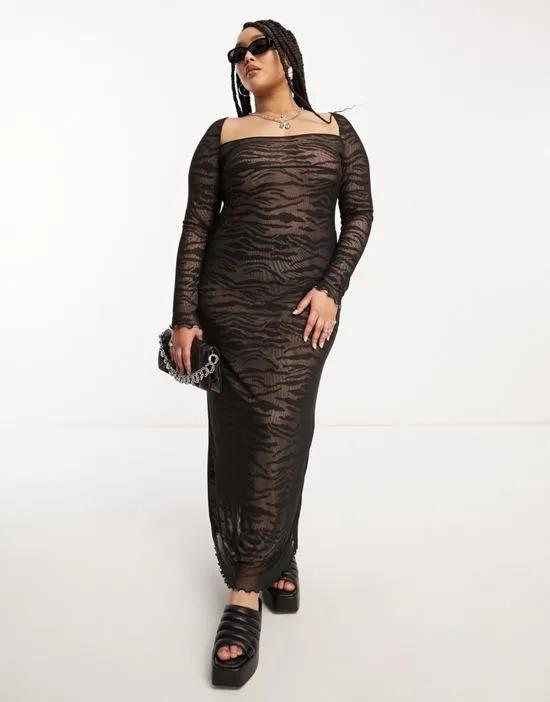 ASOS DESIGN Curve mesh long sleeve midi dress with lattice back in zebra print