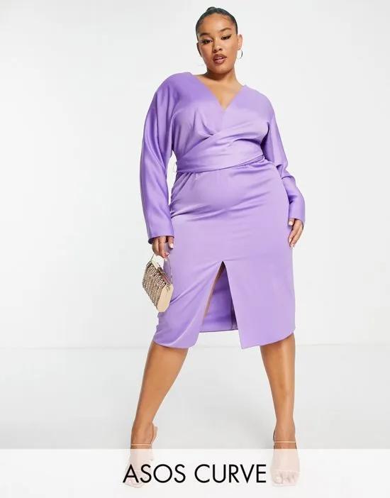ASOS DESIGN Curve midi dress with batwing sleeve and wrap waist in lilac satin