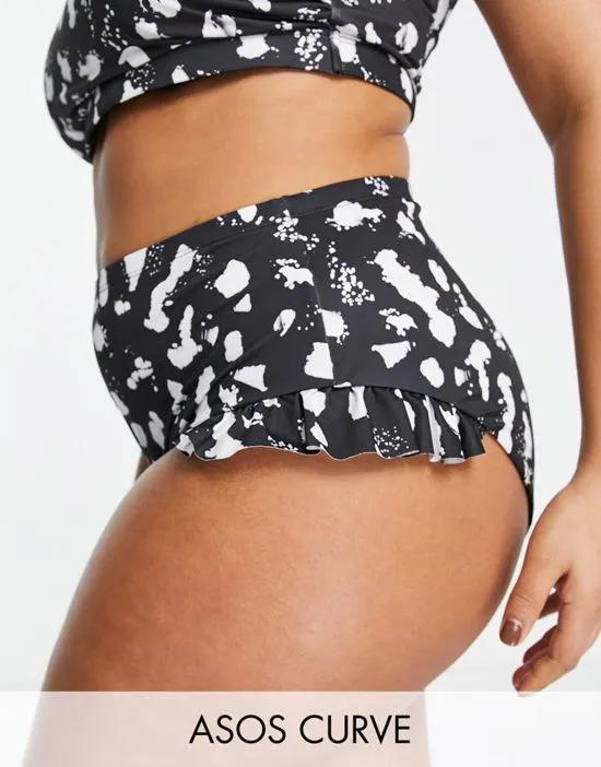 ASOS DESIGN Curve mix and match frill high waist bikini bottom in mono spot print