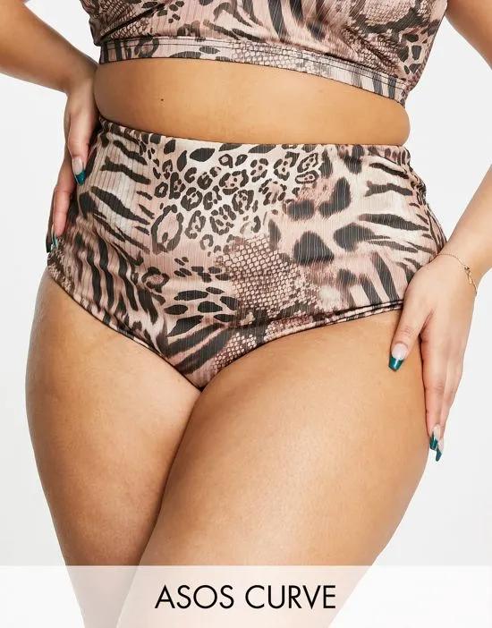 ASOS DESIGN Curve mix and match high waist bikini bottom in leopard animal print