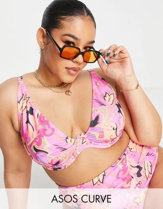 ASOS DESIGN Curve mix and match step front underwire bikini top in bold floral print