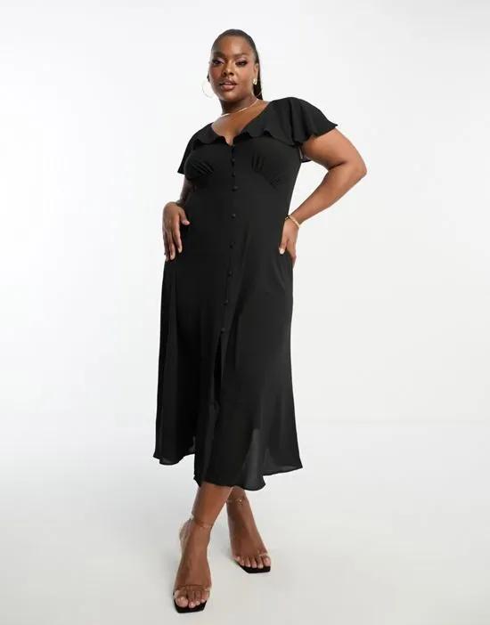 ASOS DESIGN Curve open angel sleeve button up midi dress in black