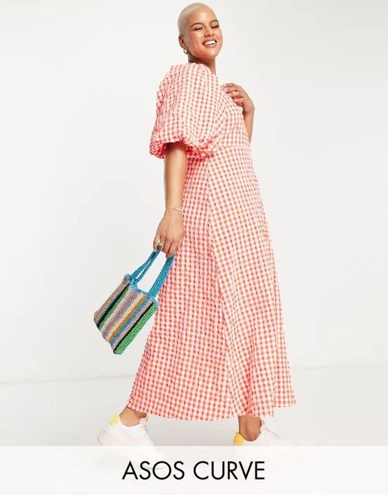 ASOS DESIGN Curve open back puff sleeve maxi dress in textured red gingham
