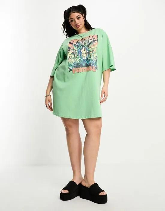 ASOS DESIGN Curve oversized t-shirt mini dress with festival graphic in green