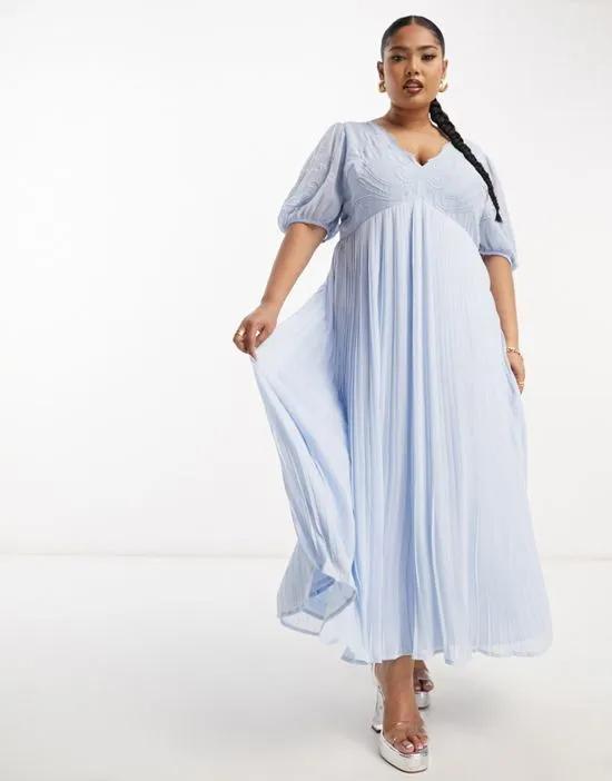 ASOS DESIGN Curve pleated embroidery maxi dress with cutwork in blue