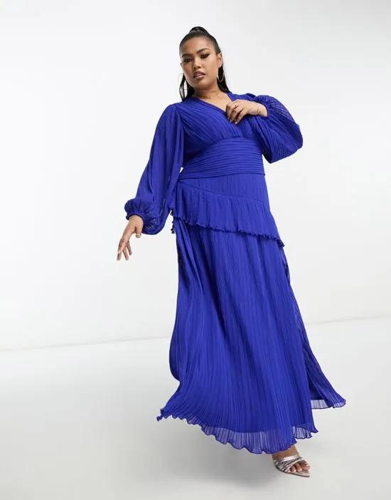 ASOS DESIGN Curve pleated midi dress with a belt in cobalt blue