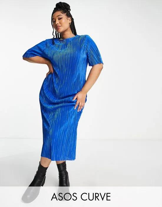ASOS DESIGN Curve plisse t-shirt midi dress in blue