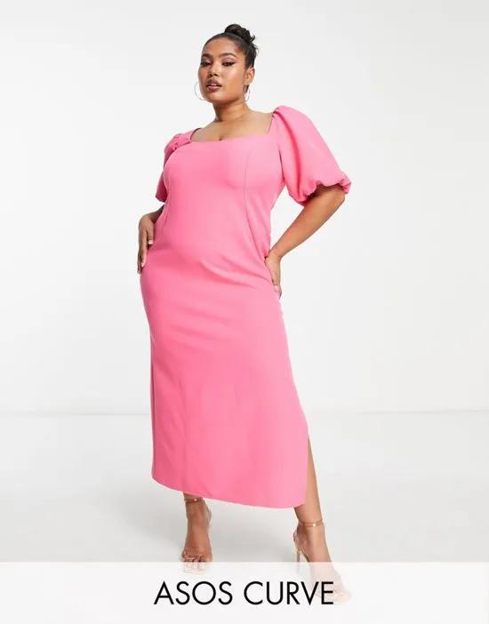 ASOS DESIGN Curve puff sleeve midi dress with asym neck line in hot pink
