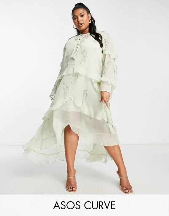 ASOS DESIGN Curve ruffle midi dress with floral embellishment and tie details