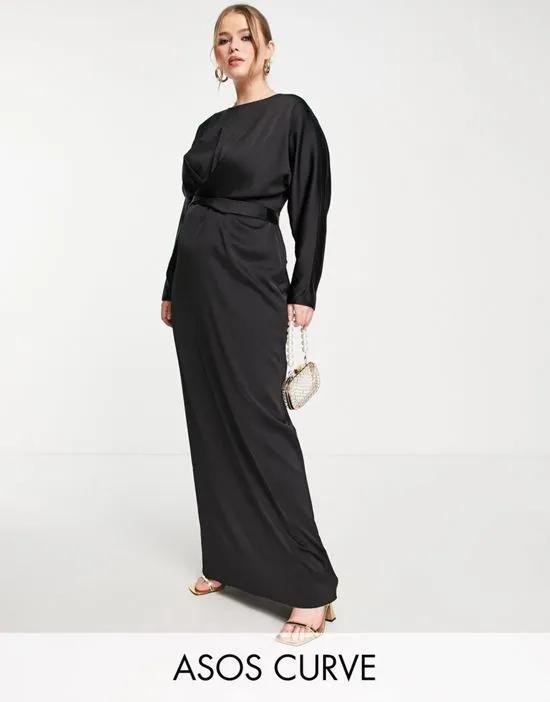 ASOS DESIGN Curve satin maxi dress with batwing sleeve and wrap waist in Black