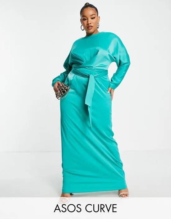 ASOS DESIGN Curve satin maxi dress with batwing sleeves and wrap waist in green