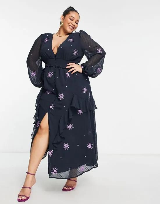 ASOS DESIGN Curve shirred waist button up midi tea dress with all over embroidery in charcoal and purple