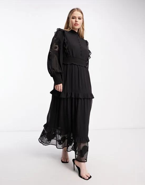ASOS DESIGN Curve shirred waist frill tiered maxi dress with mesh embroidery in black