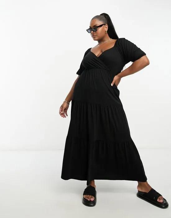 ASOS DESIGN Curve short sleeve wrap tiered midi dress in black