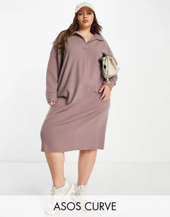 ASOS DESIGN Curve super soft long sleeve polo midi sweater dress in taupe