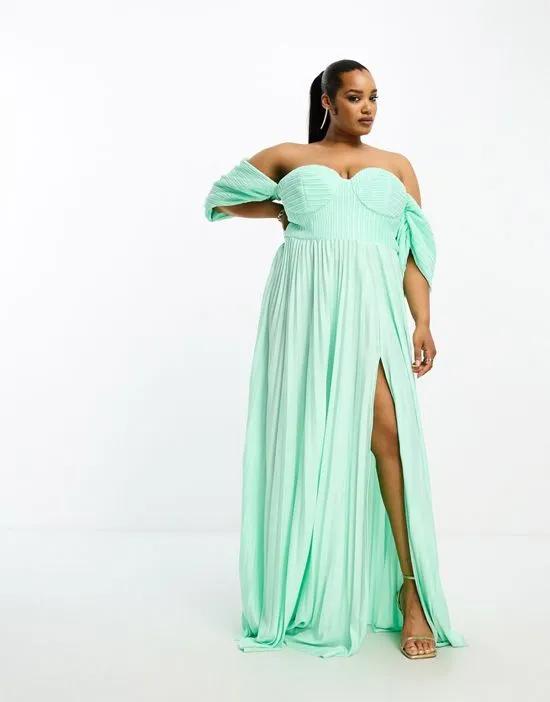 ASOS DESIGN Curve sweetheart neck off shoulder pleated maxi dress in sage green