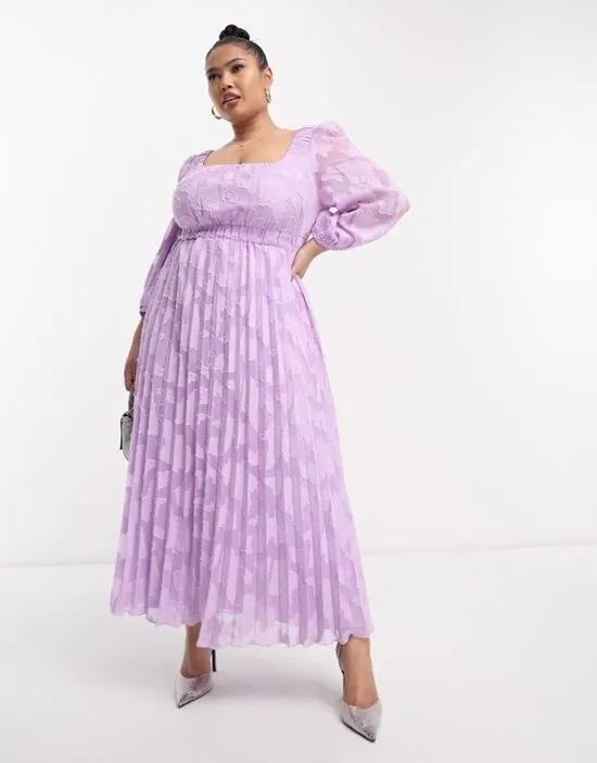 ASOS DESIGN Curve sweetheart neckline burnout pleated midi dress in lilac