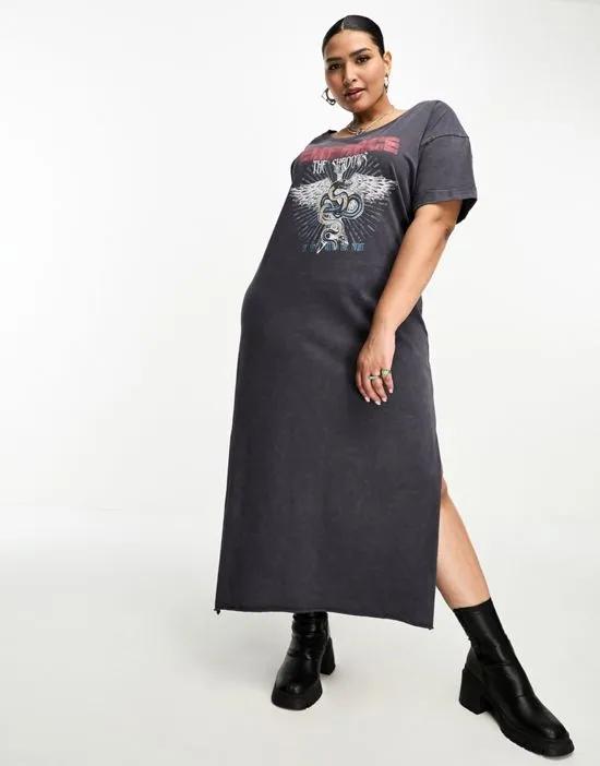 ASOS DESIGN Curve T-shirt midi dress with split hem and graphic in washed gray