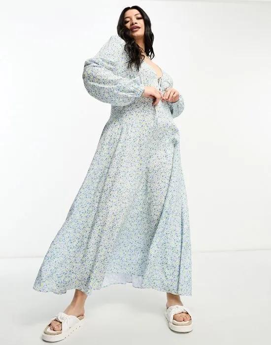 ASOS DESIGN Curve viscose v-neck long sleeve midi dress with tie front detail in ditsy floral