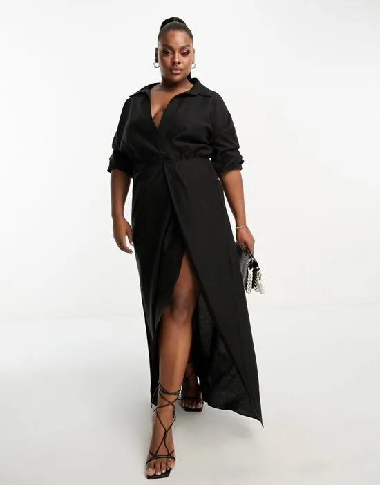 ASOS DESIGN Curve washed collar twist waist maxi dress with high split in black