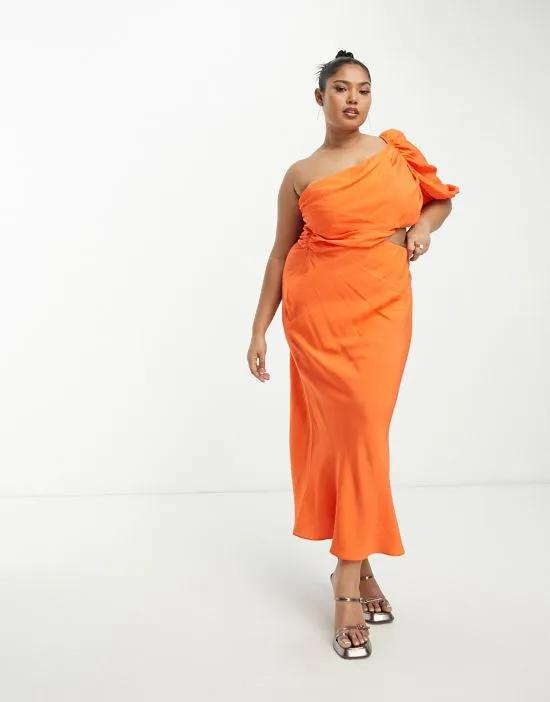 ASOS DESIGN Curve washed one shoulder maxi dress with cut out side waist detail in orange