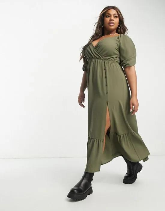 ASOS DESIGN Curve wrap bodice button up skirt with pep hem midi dress in olive