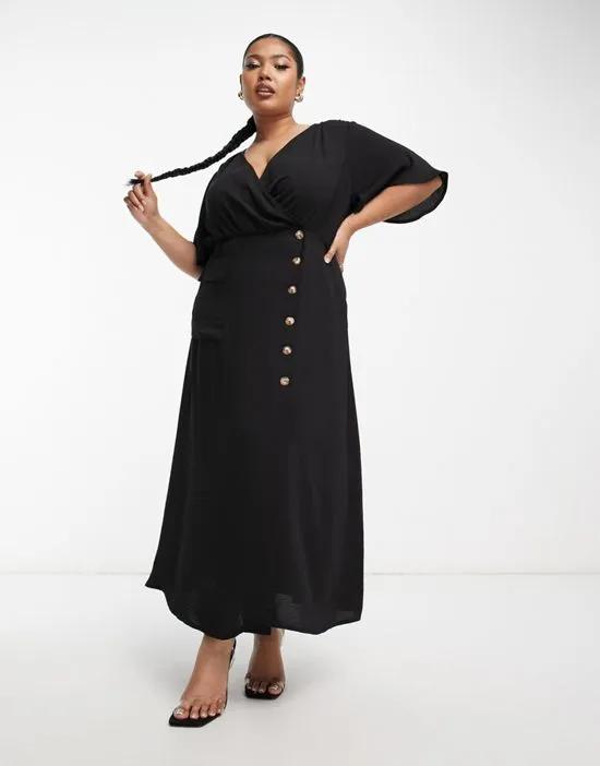 ASOS DESIGN Curve wrap button skirt midi dress with pocket detail in black