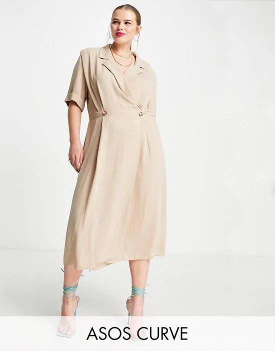 ASOS DESIGN Curve wrap tux midi dress with shoulder pads in stone