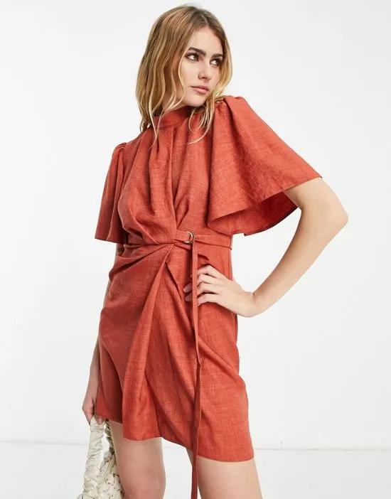 ASOS DESIGN high neck linen drape mini dress with belt detail in rust 