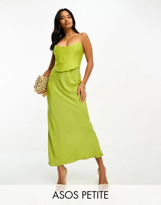 ASOS DESIGN Petite bandeau contrast fabric slip maxi dress with corset detail in olive green