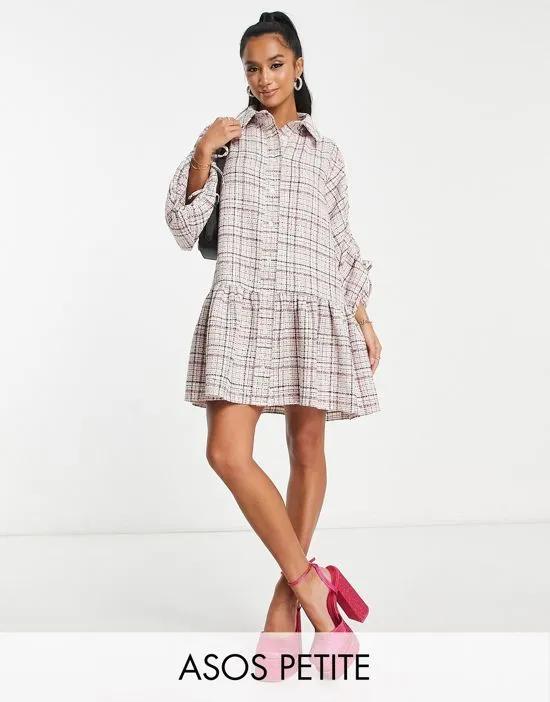 ASOS DESIGN Petite boucle mini smock shirt dress with pephem in cream and pink