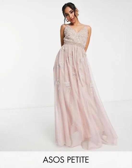 ASOS DESIGN Petite Bridesmaid pearl embellished cami maxi dress with floral embroidery in rose