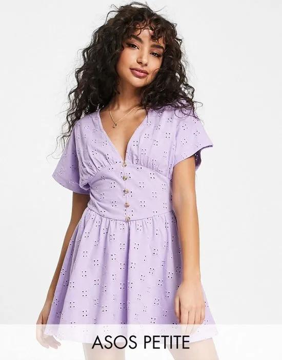 ASOS DESIGN Petite broderie mini tea dress with buttons in lilac