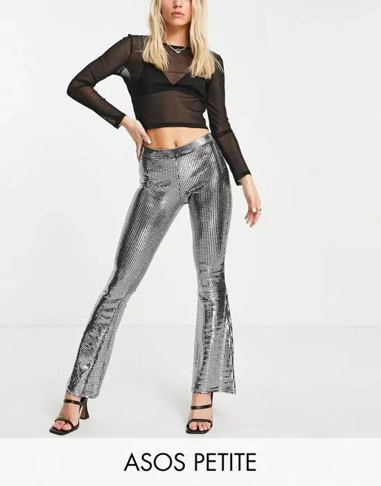 ASOS DESIGN Petite chainmail sequin slim flare pant in silver