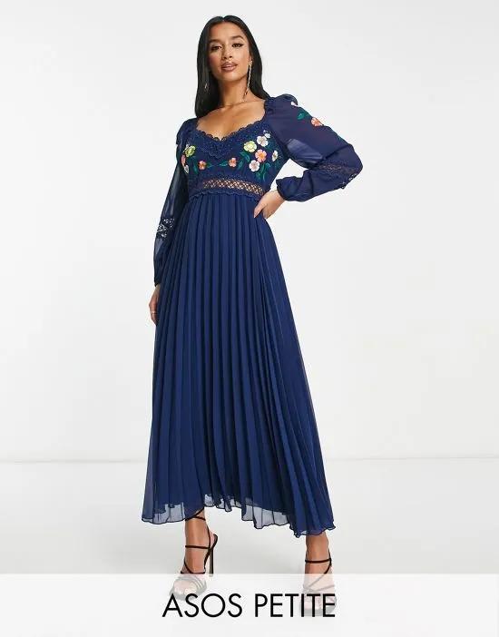ASOS DESIGN Petite embroidered lace insert pleated midi dress with long sleeves in navy